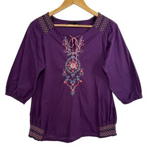 Westside Peasant Embroidered Top Purple Cotton Boho Smocked Cottagecore Large